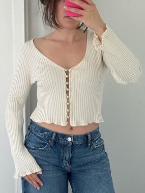 Glassons Cream Ribbed Pearl-Button Long Sleeve Top